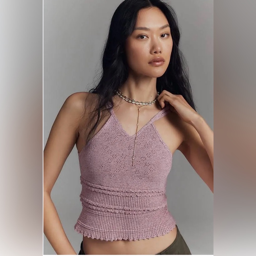 By Anthropologie Knit V-Neck Linen Blend Tank Top in Lavender